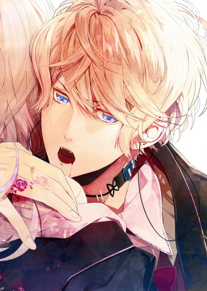 Anime picture 1995x2800 with diabolik lovers idea factory sakamaki shuu tall image looking at viewer highres short hair open mouth blue eyes blonde hair vampire boy blood