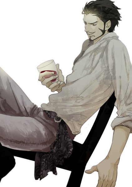 Anime picture 600x849 with one piece toei animation dracule mihawk roco64 single tall image short hair black hair sitting yellow eyes looking away fingernails lips open collar bristle boy shirt white shirt pants chair