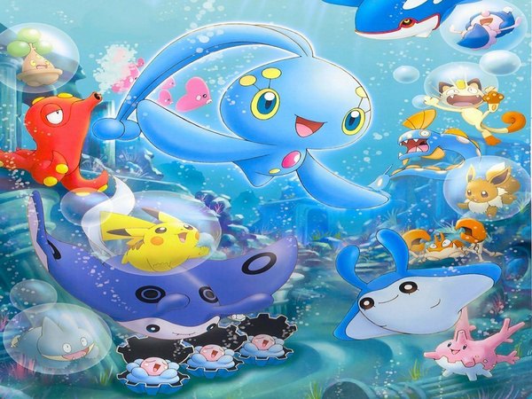 Anime picture 1024x768 with pokemon nintendo pikachu eevee meowth corsola kyogre mantine manaphy octillery mantyke mime jr. krabby munchlax huntail bonsly clamperl open mouth underwater no people