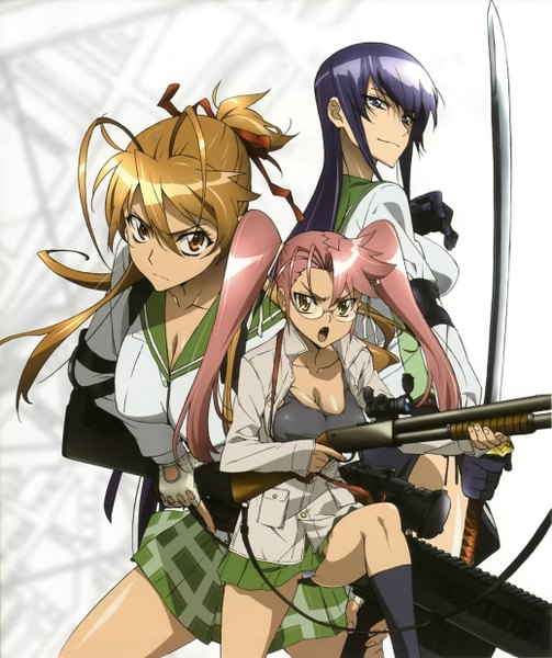 Anime picture 2076x2475 with highschool of the dead madhouse busujima saeko miyamoto rei takagi saya satou shouji long hair tall image highres open mouth blue eyes light erotic brown hair twintails multiple girls brown eyes pink hair cleavage purple hair ahoge