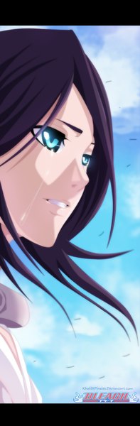 Anime picture 505x1533 with bleach studio pierrot kuchiki rukia khalilxpirates single long hair tall image black hair sky cloud (clouds) aqua eyes inscription coloring close-up girl