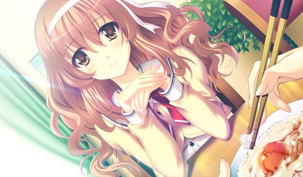 Anime picture 1024x600 with houkago kitchen long hair smile brown hair wide image brown eyes game cg girl uniform school uniform food hairband