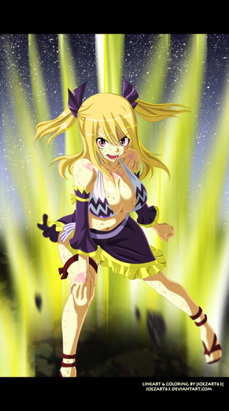 Anime picture 1341x2396 with fairy tail lucy heartfilia joezart63 single long hair tall image light erotic blonde hair twintails pink eyes night tattoo night sky coloring magic letterboxed girl skirt bow hair bow