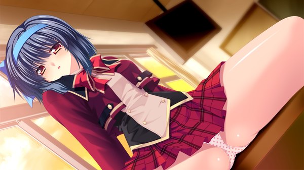 Anime picture 1280x720 with kozukuri shiyou yo souma-kun single short hair light erotic red eyes wide image blue hair game cg pantyshot girl skirt uniform underwear panties school uniform hairband