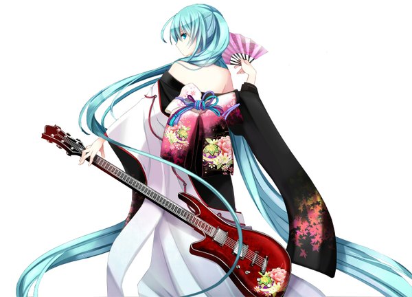 Anime picture 1500x1082 with vocaloid hatsune miku miku ayase single long hair looking at viewer blue eyes simple background white background twintails bare shoulders blue hair traditional clothes japanese clothes back girl bow kimono fan guitar