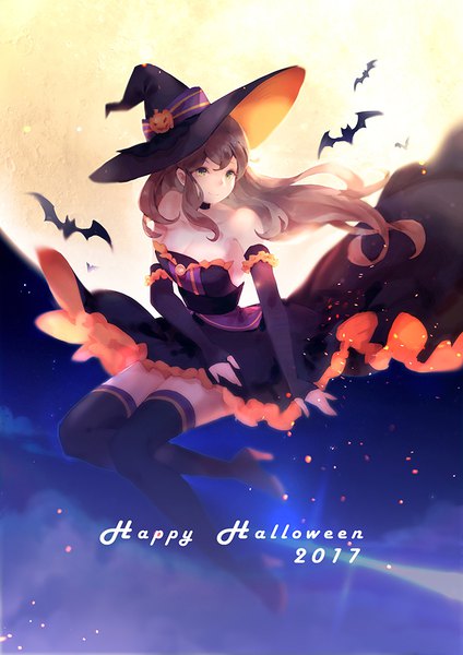 Anime picture 707x1000 with original vienri single long hair tall image smile brown hair bare shoulders green eyes looking away cleavage full body wind halloween midair happy halloween 2017 girl thighhighs dress
