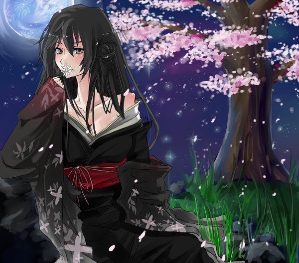 Anime picture 2500x2200 with original naru-luff single long hair highres black hair sitting traditional clothes japanese clothes black eyes cherry blossoms girl flower (flowers) plant (plants) petals tree (trees) kimono full moon