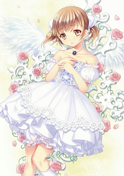 Anime picture 800x1132 with original philomelalilium single tall image looking at viewer blush short hair open mouth brown hair bare shoulders brown eyes hand on chest angel wings girl dress hair ornament flower (flowers) bow hair bow petals