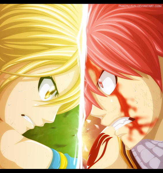 Anime picture 1600x1695 with fairy tail lucy heartfilia natsu dragneel pkachu-kun long hair tall image short hair blonde hair yellow eyes pink hair pink eyes tattoo sweat sleeveless grin coloring close-up face multiview angry