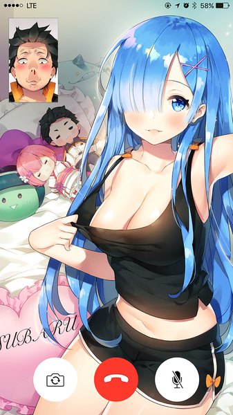 Anime picture 810x1440 with re:zero kara hajimeru isekai seikatsu white fox rem (re:zero) natsuki subaru ayami (annahibi) long hair tall image looking at viewer blush fringe short hair breasts blue eyes light erotic black hair large breasts sitting blue hair cleavage parted lips