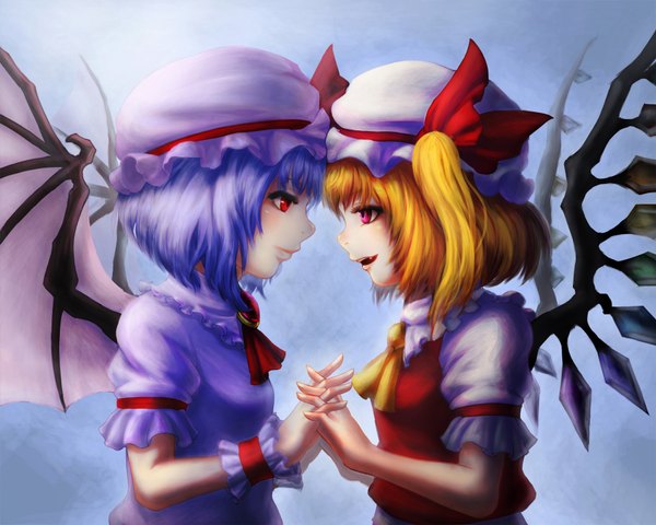 Anime picture 1750x1400 with touhou flandre scarlet remilia scarlet kannazuki (devilcode666) highres short hair open mouth blonde hair red eyes multiple girls blue hair profile girl dress 2 girls wings bonnet