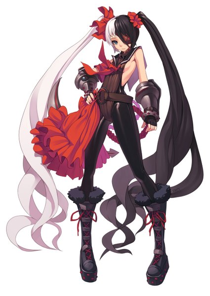Anime picture 1000x1412 with blade & soul po hwa ran (blade & soul) fkey single tall image fringe blue eyes black hair simple background standing white background twintails white hair very long hair multicolored hair two-tone hair lacing girl gloves bow