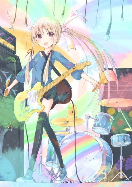 Anime picture 706x1000 with original mirai (macharge) single long hair tall image looking at viewer blush open mouth blonde hair red eyes ponytail side ponytail girl thighhighs dress bow black thighhighs hair bow guitar paintbrush
