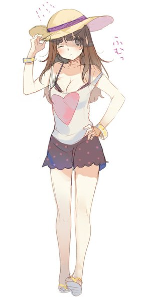 Anime picture 534x1036 with original kippu single long hair tall image looking at viewer blush simple background brown hair white background bare shoulders brown eyes cleavage one eye closed wink hand on hip sketch heart print girl hat