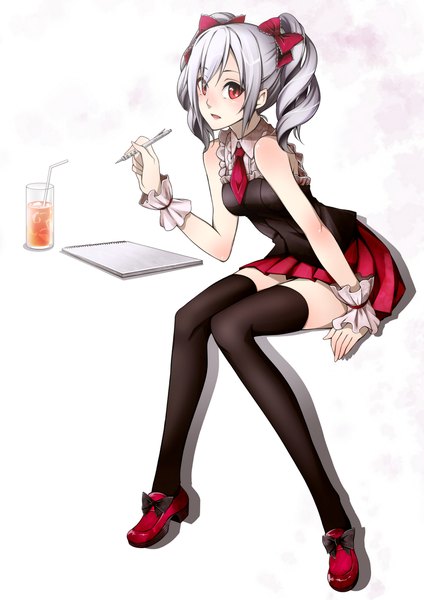 Anime picture 1082x1530 with idolmaster idolmaster cinderella girls kanzaki ranko hiroki (plt) single tall image blush short hair open mouth simple background red eyes white background twintails silver hair drill hair girl thighhighs skirt bow black thighhighs