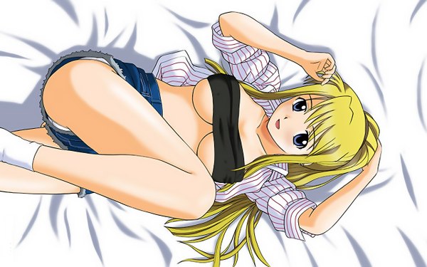 Anime picture 2560x1600 with fullmetal alchemist studio bones winry rockbell long hair highres blue eyes light erotic blonde hair wide image open clothes open shirt girl shorts