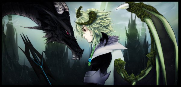 Anime picture 1329x644 with original hachiyuki short hair red eyes wide image profile horn (horns) green hair face to face rock animal wings dragon