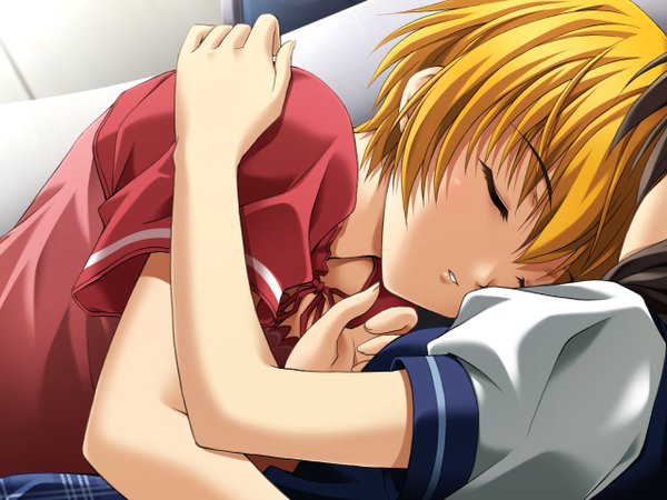 Anime picture 1280x960 with ever 17 matsunaga sara tanaka yubiseiakikana short hair blonde hair game cg wallpaper hug sleeping