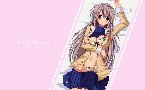 Anime picture 1920x1200 with clannad key (studio) sakagami tomoyo highres light erotic wide image open clothes open shirt copyright name underwear panties
