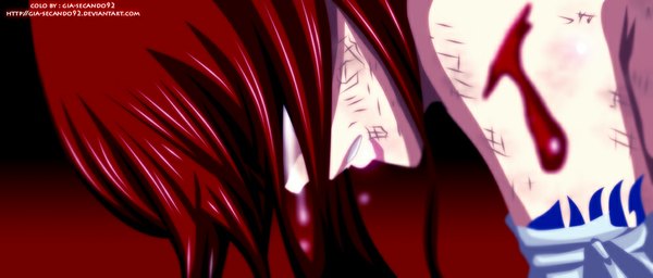 Anime picture 1000x427 with fairy tail erza scarlet seireiart single long hair wide image red hair tattoo tears coloring hair over eyes girl blood