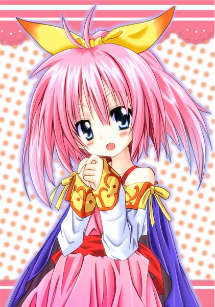 Anime picture 875x1247 with little witch parfait parfait shucrell john (artist) single tall image blush short hair open mouth blue eyes smile bare shoulders looking away pink hair ahoge head tilt girl dress skirt ribbon (ribbons) hair ribbon