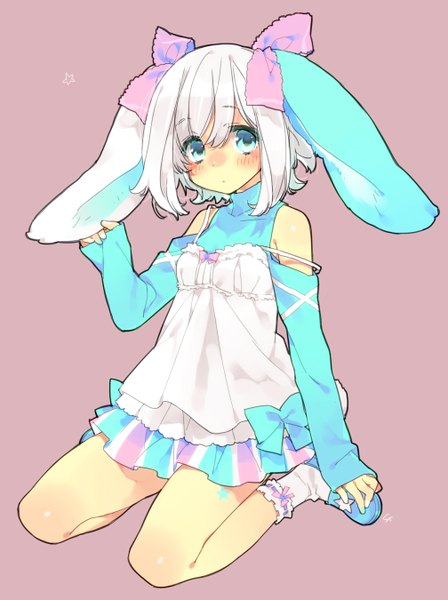 Anime picture 1007x1349 with original toujou sakana single tall image looking at viewer blush fringe short hair simple background hair between eyes sitting bare shoulders holding animal ears payot full body bent knee (knees) white hair head tilt aqua eyes