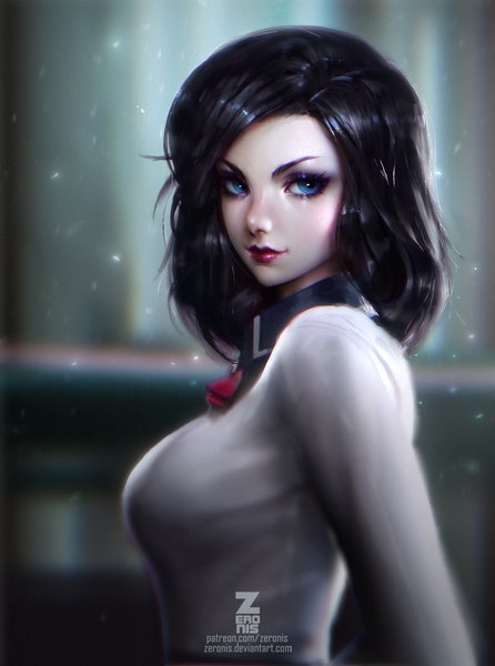 Anime picture 706x950 with bioshock infinite bioshock elizabeth (bioshock infinite) paul (shiramune) single long hair tall image looking at viewer breasts blue eyes black hair smile large breasts lips realistic white skin girl