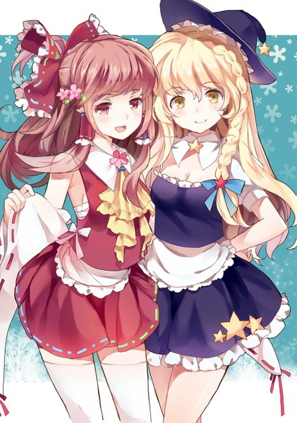 Anime picture 1000x1425 with touhou hakurei reimu kirisame marisa yukizakura (neon-neon) long hair tall image looking at viewer blush open mouth blonde hair smile red eyes brown hair multiple girls yellow eyes braid (braids) hair flower hand on hip girl thighhighs