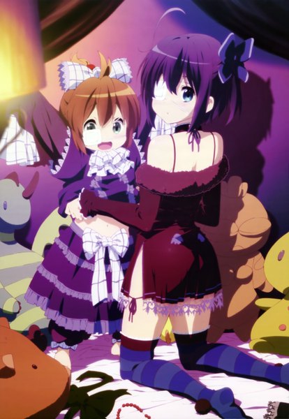 Anime picture 4095x5933 with chuunibyou demo koi ga shitai! kyoto animation nyantype takanashi rikka tall image blush highres short hair open mouth blue eyes brown hair multiple girls absurdres purple hair official art one side up girl thighhighs dress bow