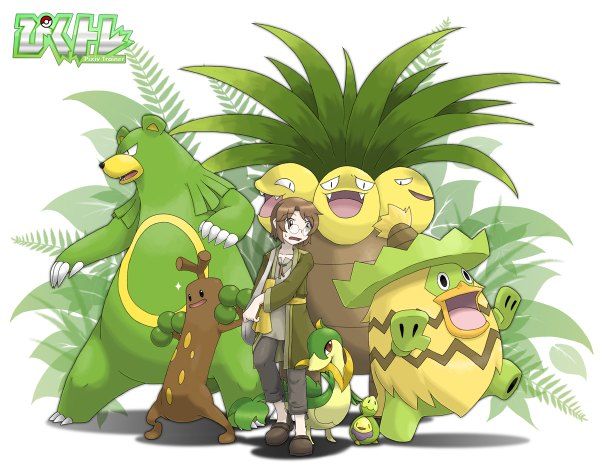 Anime picture 1200x950 with pokemon nintendo exeggutor sudowoodo budew servine ursaring ludicolo ditb short hair open mouth brown hair gen 1 pokemon gen 2 pokemon gen 4 pokemon gen 3 pokemon gen 5 pokemon shiny pokemon boy animal