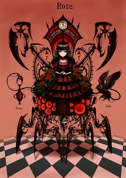 Anime picture 1000x1414 with original gia single long hair tall image black hair sitting black eyes girl dress flower (flowers) animal bird (birds) rose (roses)