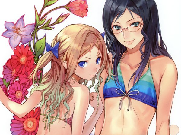 Anime picture 2048x1536 with atelier (series) gust (company) astrid zexis cordelia von feuerbach long hair highres blue eyes black hair blonde hair smile white background multiple girls green eyes looking back two side up girl flower (flowers) 2 girls swimsuit bikini