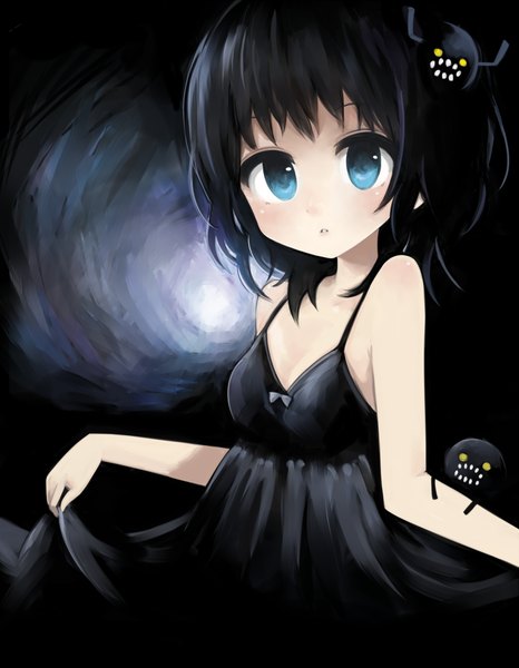 Anime picture 777x1000 with original yami shoujo morina nao single tall image looking at viewer blush short hair blue eyes black hair loli black background girl dress bow black dress insect sundress