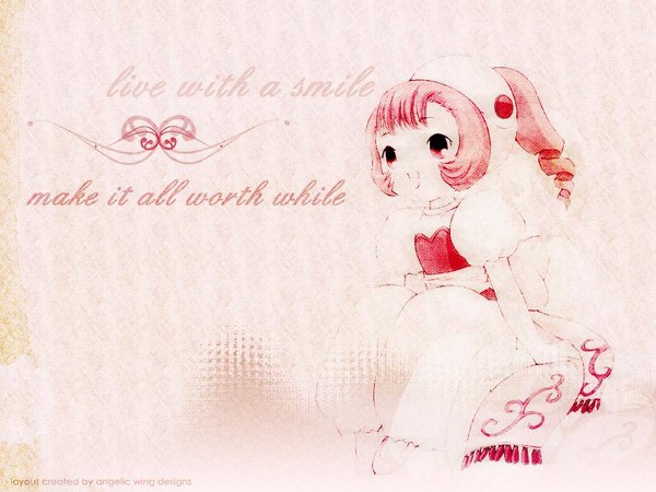 Anime picture 1024x768 with chobits sumomo single open mouth smile red eyes sitting looking away pink hair ponytail inscription loli wallpaper pink background third-party edit girl bow