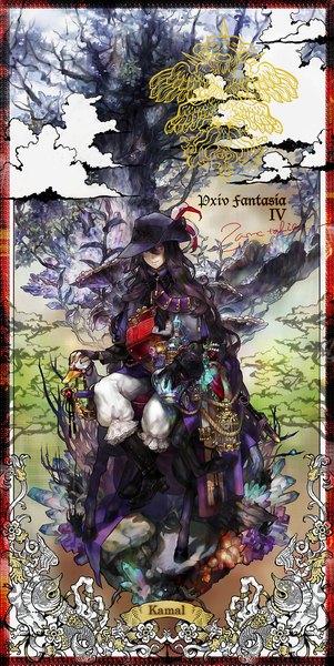 Anime picture 1027x2048 with original pixiv fantasia pixiv fantasia iv unicorn (artist) long hair tall image black hair sitting cloud (clouds) framed gloves plant (plants) hat animal tree (trees) boots bird (birds) jewelry crystal cage