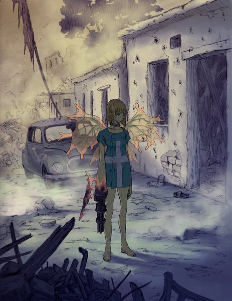 Anime picture 773x1000 with original goke shike (altamira05) single tall image short hair blonde hair red eyes looking away barefoot bare legs ruins transformation girl dress weapon plant (plants) tree (trees) building (buildings) collar ground vehicle