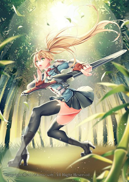 Anime picture 620x875 with million arthur (series) kaku-san-sei million arthur square enix arthur (techno smith) mirunai single long hair tall image open mouth light erotic blonde hair standing green eyes looking away bent knee (knees) pleated skirt sunlight side ponytail sunbeam bamboo forest