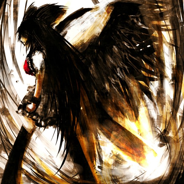 Anime picture 1024x1024 with touhou reiuji utsuho 31 violence (artist) single fringe black hair standing very long hair back girl wings thigh boots