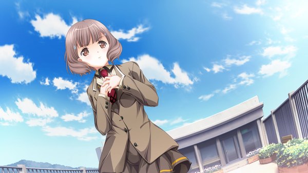 Anime picture 1280x720 with hatsukoi sacrament kasugai iroha single short hair brown hair wide image brown eyes game cg girl serafuku