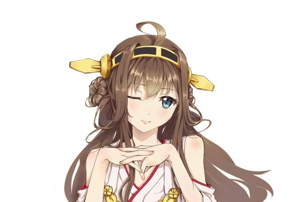 Anime picture 1500x1000 with kantai collection kongou battleship jiu tiao single long hair looking at viewer blush fringe blue eyes simple background brown hair white background ahoge traditional clothes japanese clothes one eye closed light smile hair bun (hair buns) portrait miko