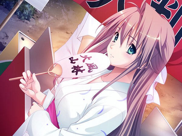 Anime picture 1024x768 with fluorite memories long hair brown hair green eyes game cg japanese clothes girl kimono