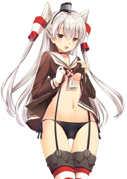 Anime picture 708x1000 with kantai collection amatsukaze destroyer onaka sukisuki single long hair tall image blush open mouth light erotic white background brown eyes white hair two side up girl thighhighs navel underwear panties hat hair tubes