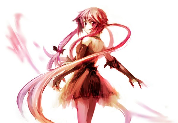 Anime picture 1082x753 with mirai nikki gasai yuno single looking at viewer simple background white background twintails pink hair very long hair pink eyes looking back back girl dress gloves elbow gloves black dress