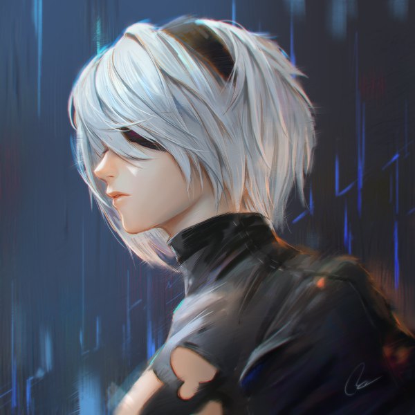 Anime picture 1200x1200 with nier nier:automata yorha no. 2 type b chaosringen single short hair signed upper body white hair parted lips profile realistic portrait blindfold girl headband turtleneck