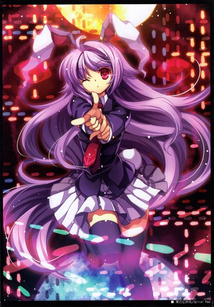 Anime picture 1118x1600 with touhou reisen udongein inaba capura lin single tall image looking at viewer red eyes animal ears purple hair very long hair one eye closed wink bunny ears zettai ryouiki danmaku girl thighhighs skirt uniform black thighhighs