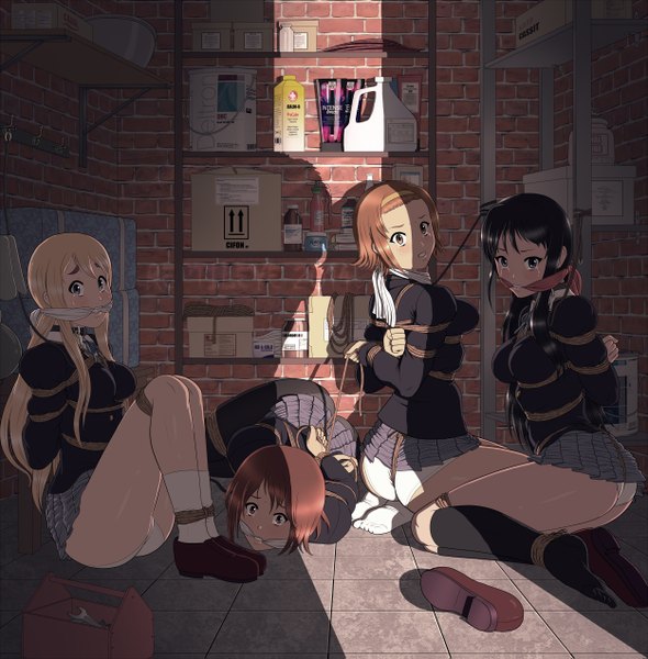 Anime picture 1250x1271 with k-on! kyoto animation akiyama mio hirasawa yui kotobuki tsumugi tainaka ritsu reptileye (artist) long hair tall image looking at viewer blush short hair light erotic black hair blonde hair brown hair multiple girls brown eyes black eyes bondage