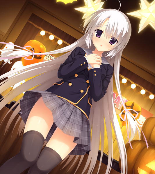 Anime picture 1280x1440 with sanoba witch yuzusoft ayaji nene muririn single long hair tall image looking at viewer fringe open mouth purple eyes ahoge bent knee (knees) white hair indoors pleated skirt from below embarrassed zettai ryouiki girl