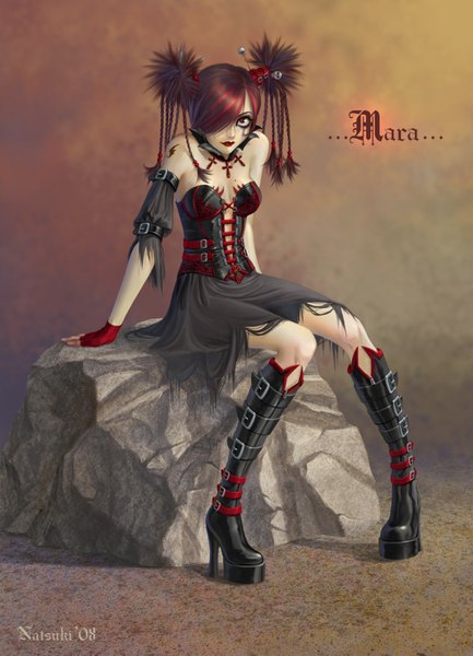 Anime picture 1024x1417 with natsuki-3 (artist) tall image fringe smile red eyes sitting bare shoulders red hair lips hair over one eye realistic inscription tattoo lipstick girl dress fingerless gloves thigh boots cross stone (stones)