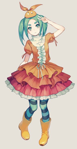 Anime picture 480x930 with nisemonogatari shaft (studio) monogatari (series) ononoki yotsugi choke (amamarin) single long hair tall image looking at viewer simple background twintails green eyes green hair grey background girl thighhighs dress hat striped thighhighs rubber boots