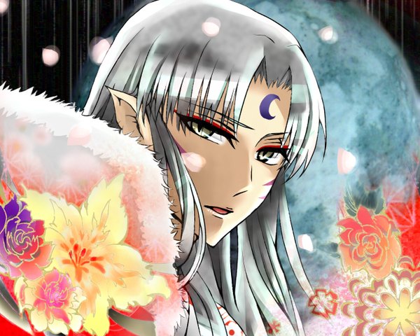 Anime picture 1280x1024 with inuyasha sesshomaru ojou long hair yellow eyes silver hair pointy ears tattoo forehead mark animal eyes boy flower (flowers)